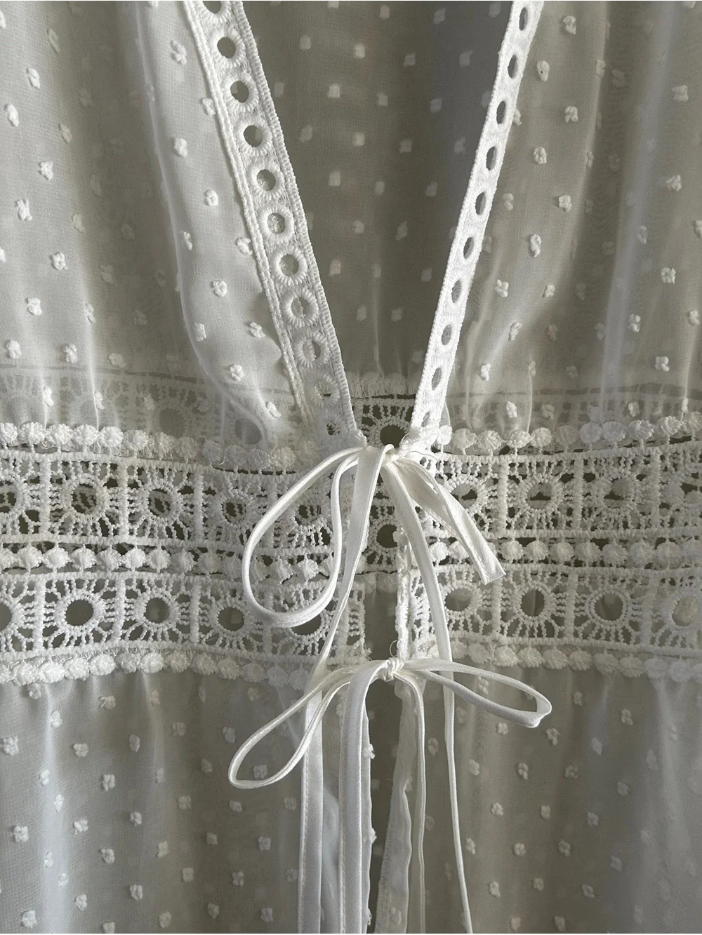 White Sheer Swiss Dot Crochet Tie-Front Swim Coverup